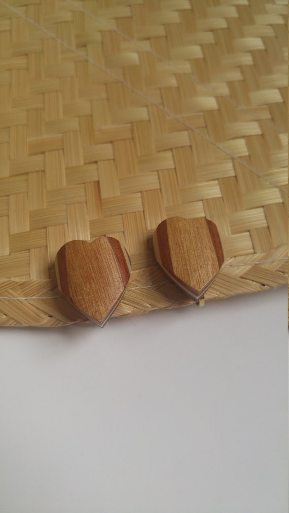 1970s  Carved Wood Heart Clip On Earrings