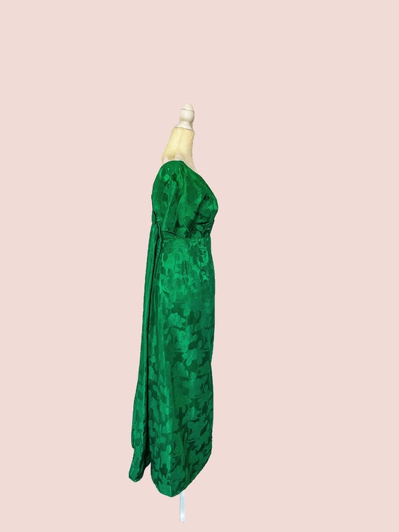 1960s Emma Domb Emerald Green Satin Brocade Maxi … - image 3