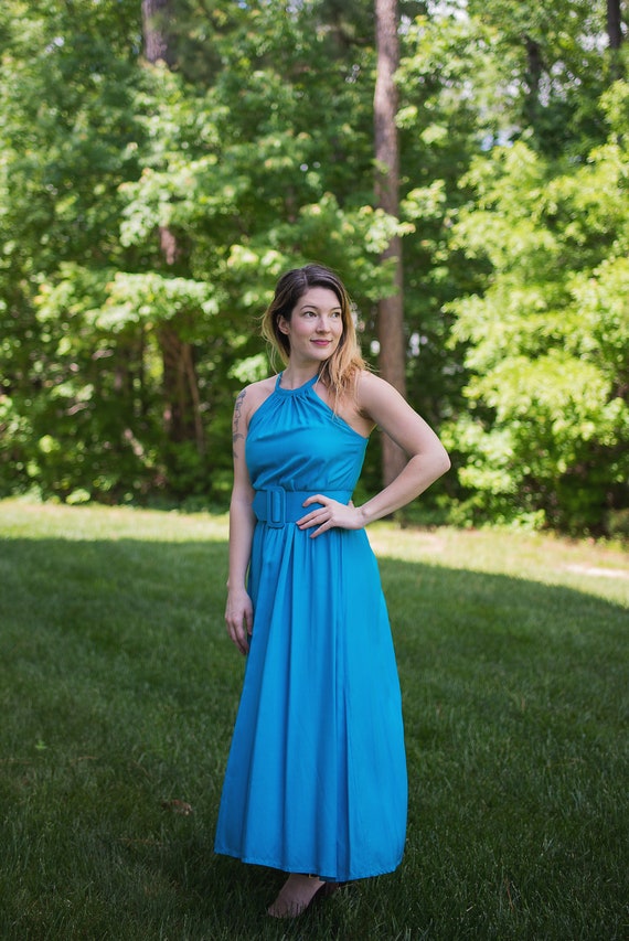 1970s  Aqua Cotton Belted Halter Sundress