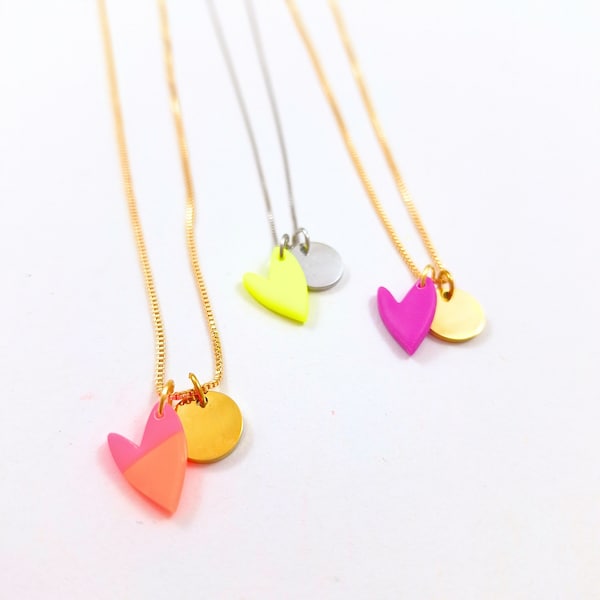 Neon Herz Kette, Halskette mit handgemachten Herz-Anhänger in Neon-Farben, Kette mit Neon-Herz, Herz halskette Neon, Geschenk Freundin