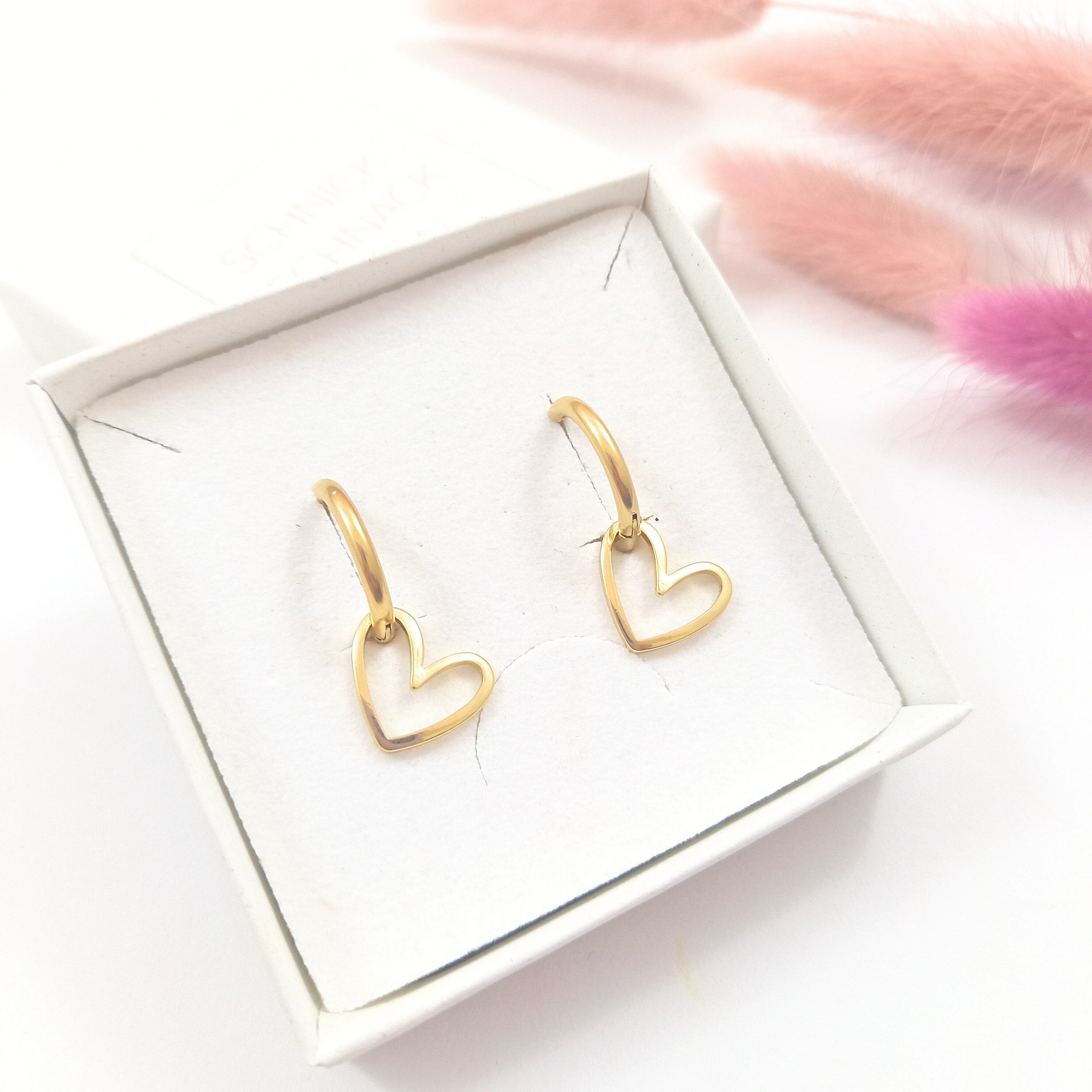 JustBeingCute Orecchini A Cuore Puffy In Argento Sterling Placcato Oro 14k Con Zirconi - Regalo Donna