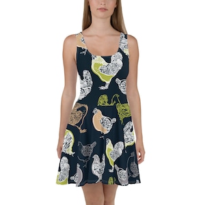 Chicken, Flowy Skater Dress, Stretchy Fitted Dress, Skater Skirt - Casual, Fun, farm, farmer, Backyard, Fowl, Pet, Cluck, Flowers, Birds