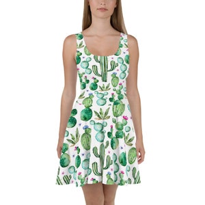 Cactus Bodycon Fitted Dress, Skater Dress, T-Shirt Dress, Skater Skirt Ladies, Girls, Date Night, Party, Succulents Plants Desert