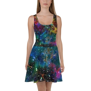 Galaxy Flowy Skater Dress, Stretchy Fitted Dress, T-Shirt Dress, Skater Skirt - Eclipse, Planet, Stars, Nebula, Outer space, solar system