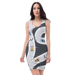 RACE TRACK Skater Dress, Bodycon Fitted Dress, Skater Skirt - Women, Ladies, Girls, Fun Date Night, Party, Hot Rod, Drive, Coast, Car