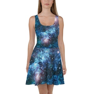 Galaxy Flowy Skater Dress, Stretchy Fitted Dress, T-Shirt Dress, Skater Skirt - Space, Eclipse, Planet Stars Nebula Outer space solar system