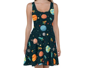 Outer Space Flowy Skater Dress, Stretchy Fitted Dress, Skater Skirt - Casual, Space, Astronaut, Planets, Stars, Rocket, Spaceship, Galaxy