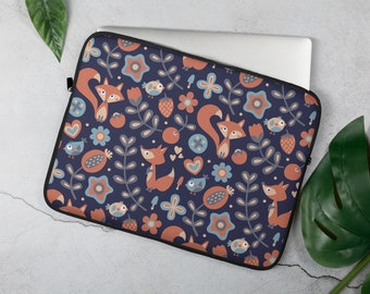 Foxes and Flowers Laptop Sleeve, 13 inch, 15 inch, iPad, Case, Protective, Cover, Neoprene, Macbook, Dell, Chromebook, PC, Apple, Wild, Foxy