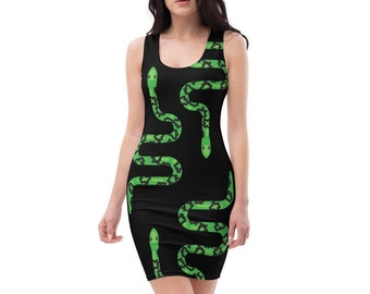 Green Snake Flowy Skater Dress, Stretchy Fitted Dress, T-Shirt Dress, Skater Skirt - Ladies, Girls, Fun Date Night, Party, Slither, Reptile