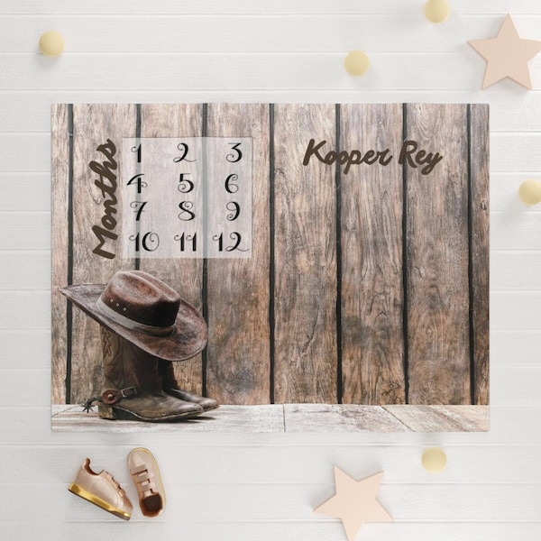 Cowboy Hat & Boots Baby MONTHLY MILESTONE BLANKET,  Calendar, Track Growth, Age, Watch me Grow, Howdy, Western, Cowgirl, Farmer, Rodeo Horse