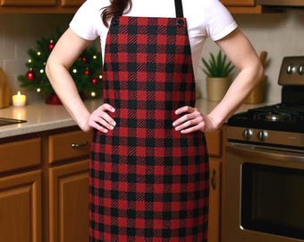 Delantal a cuadros rojos de búfalo: Cocina, repostería, panadería, chef, cocina, comedor, jardín, manualidades, unisex, botones, corbatas, mujeres, hombres, damas, florista, parrilla, barbacoa