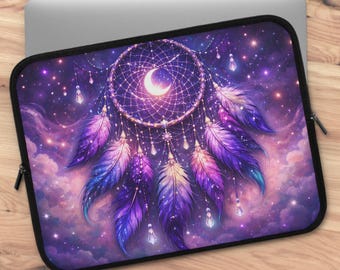 Dreamcatcher Laptop Sleeve, 7 10 13 15 17 inch, Boho Purple Aesthetic, Mystical, Witchy, Celestial, Feather, Moon, Crystal Divination Cosmic