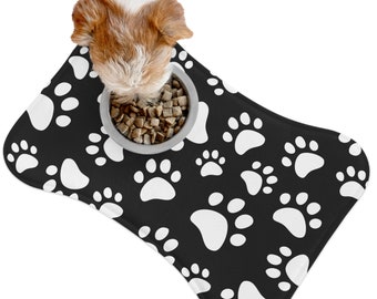 Black & White Dog Paw Print Pet Placemat (4 Shapes) Dog Feeding Mat, Non Slip Pet Bowl Mat, Cute Pet Lover Kitchen Gift, Gift for Dog Lovers