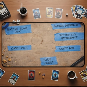May include: Overhead view of a wooden table set up for a card game. A large playmat is labeled with areas like "Battle Zone" and "Card Pile." Game cards, dice, and coffee cups surround the mat. The cards feature fantasy art.