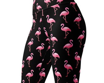 Pink Flamingo Leggings, Tropical Bird Print Yoga Pants, Cute Summer Hot Pink & Black Workout Pants Beach Party Activewear Fun Exercise Pants