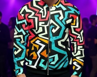 90s Zig Zag Bomber Jacket, Unisex Retro Pop Streetwear Jacket, Abstract Pattern, 80s Skater Style, Vintage Hip Hop Outerwear, Roller Skating