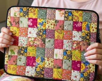 Printed Quilt Pattern Laptop Sleeve, Patchwork iPad Case, MacBook Cover, Cottagecore Gift for Quilters, Neoprene Device Protector
