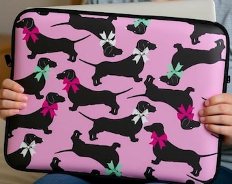 Pink Dachshund Laptop Sleeve, Pink Wiener Dog Computer Case, Cute Dog Neoprene Laptop Cover, Puppy Laptop Protective Cover, Pet Lover Gift