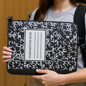 Retro Composition Notebook Laptop Sleeve, Neoprene Case, Vintage School Aesthetic, iPad & Tablet Cover, Black White Marble Notebook