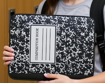 Retro Composition Notebook Laptop Sleeve, Neoprene Case, Vintage School Aesthetic, iPad & Tablet Cover, Black White Marble Notebook