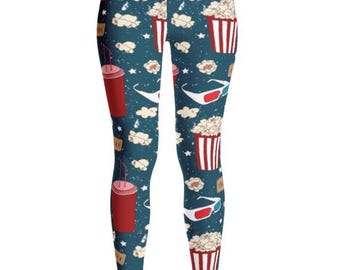 Popcorn Leggings, Cute Movie Night Yoga Pants, Snack Print Activewear, Fun Cinema Outfit