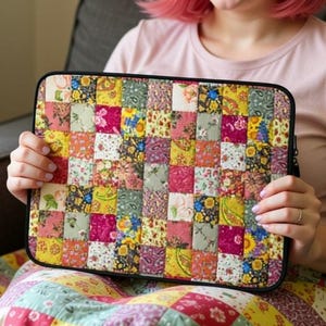 Printed Quilt Pattern Laptop Sleeve, Patchwork iPad Case, MacBook Cover, Cottagecore Gift for Quilters, Neoprene Device Protector