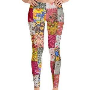 May include: Full-length leggings featuring a multi-colored patchwork design. The fabric displays a variety of floral, paisley, and abstract patterns in shades of yellow, red, pink, green, blue, and white, arranged in a grid-like block layout.