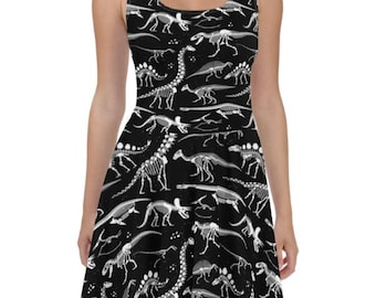 Dinosaur Skater Dress, Fossil Print Outfit, Cute Dino Dress, Jurassic Aesthetic Clothing, Fun Dino Print Dress