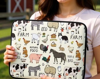Farm Animals Print Laptop Sleeve, 13 inch, 15 inch, iPad Case, Protective, Cover, Neoprene, Macbook Dell Chromebook Surface Apple Chicken