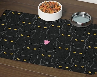 Black Cat Pet Placemat (4 Shapes) Pet Feeding Mat, Pet Place Mat, Pet Gifts, Non Skid Floormat, Halloween, Spooky, Kittens, Kitty, Cat Print