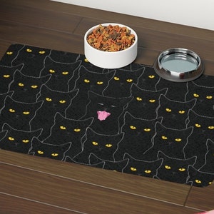 Black Cat Pet Placemat (4 Shapes) Pet Feeding Mat, Pet Place Mat, Pet Gifts, Non Skid Floormat, Halloween, Spooky, Kittens, Kitty, Cat Print