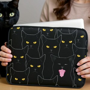 Black Cat Print Laptop Sleeve, Case, Protective, Cover, Neoprene, Macbook, Dell, Chromebook, PC, Apple, Kitty Kitten