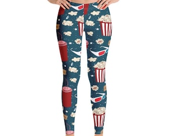 Popcorn Leggings, Cute Movie Night Yoga Pants, Snack Print Activewear, Fun Cinema Outfit