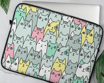 Custodia per laptop con faccina di gatto carina, custodia per laptop con gattino kawaii, cover protettiva in neoprene per amanti dei gatti, custodia per MacBook e iPad, regalo per amanti dei gatti