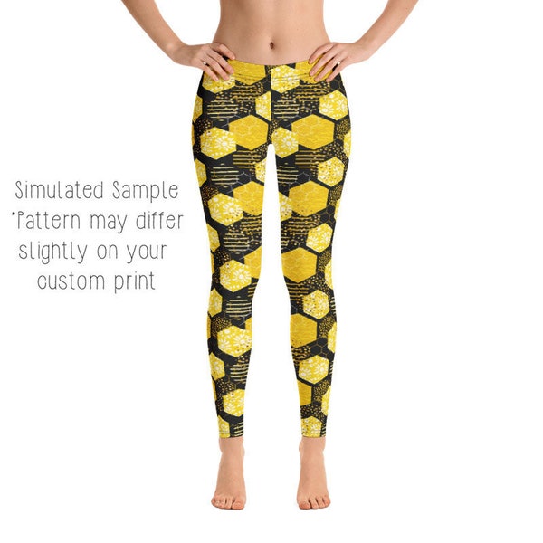 Black & Yellow HONEYCOMB Leggings, Capri, Plus, Kids, Shorts, Joggers, Sweet, Tea, Summer, Flowers, Patterned, Comb, Bees, Honey, Pollen