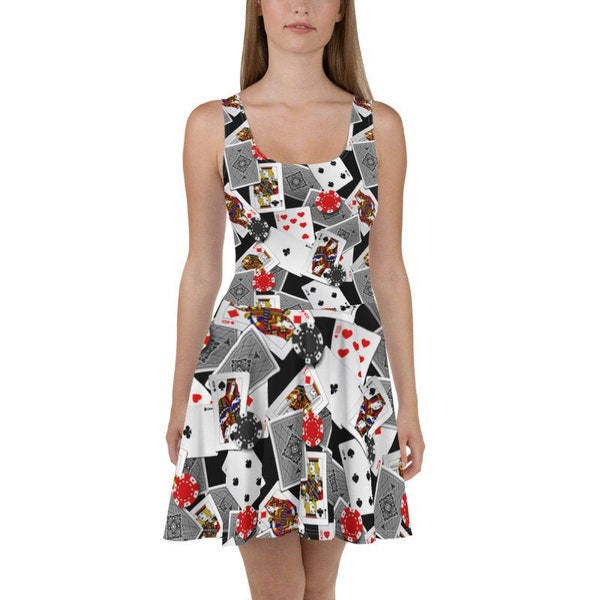 POKER Flowy Skater Dress, Stretchy Fitted Dress, Skater Skirt - Women, Ladies, Girls, Fun Date Night, Party, Cocktail, Cards, Las Vegas