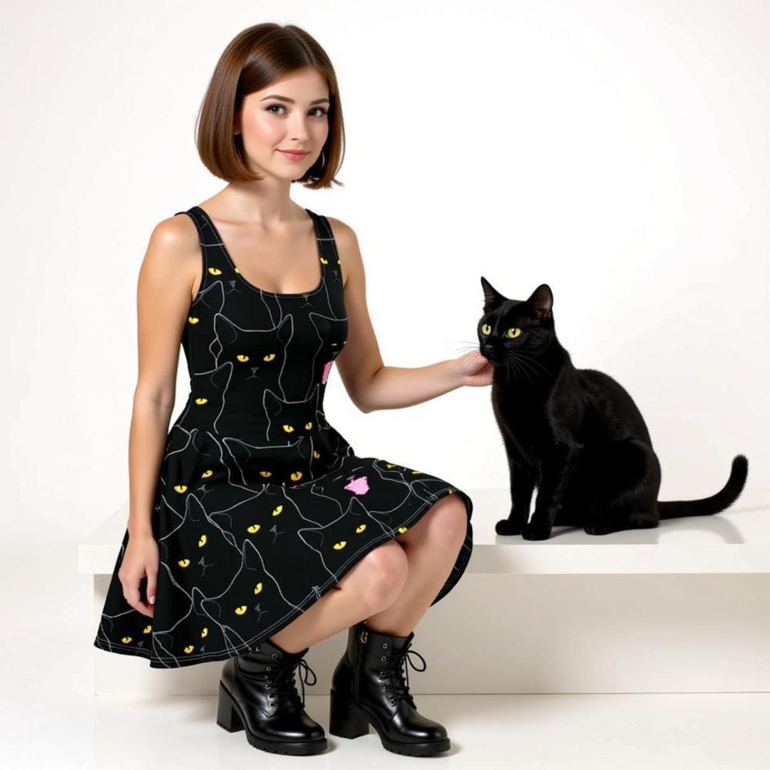 Black Cat Skater Dress, Kitty Print Fit and Flare Dress, Cat Lover
