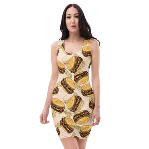 HAMBURGER Skater Dress, Bodycon Fitted Dress, Skater Skirt - Women, Ladies, Girls, Fun Date Night, Party, Cheeseburger, Fast Food