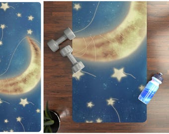 Crescent Moon and Stars Yoga Mat, Non Slip Rubber Backed or Foam Celestial Night Sky Eclipse Space Exercise Fitness Mat, Gift for Yogi