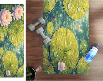 Cute Kawaii Lily Pad Yoga Mat, Non Slip Rubber Backed or Foam, Lotus Pond, Botanical, Zen Japanese Nature Exercise Mat, Yoga Lover Gift