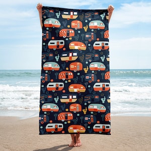 Vintage Campers Towel - Beach, Kitchen, Bath, Swimming Pool, Camping, Hiking, Boating, Gym, Sunbathing, Tan Concert Vacation Bathroom Cruise