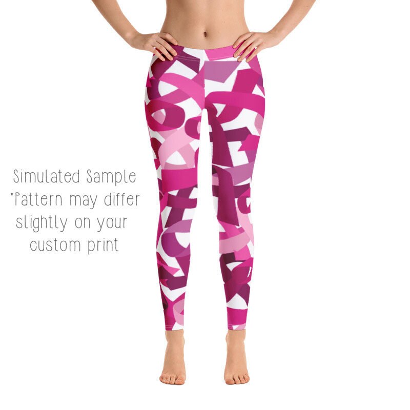 Small Pink Ribbon Half and Half white Leggings- Print Leggings, Yoga Pants,  Exercise, Workout, leggings — THE ZEBRA LADY