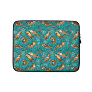 May include: A black laptop sleeve featuring a repeating pattern of cartoon otters in a teal aquatic scene. The otters are brown and tan, with some paired together. The background includes blue water, white circles, and green seaweed.