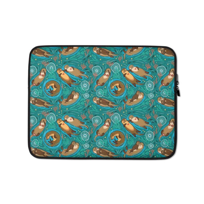May include: A black laptop sleeve featuring a repeating pattern of cartoon otters in a teal aquatic scene. The otters are brown and tan, with some paired together. The background includes blue water, white circles, and green seaweed.