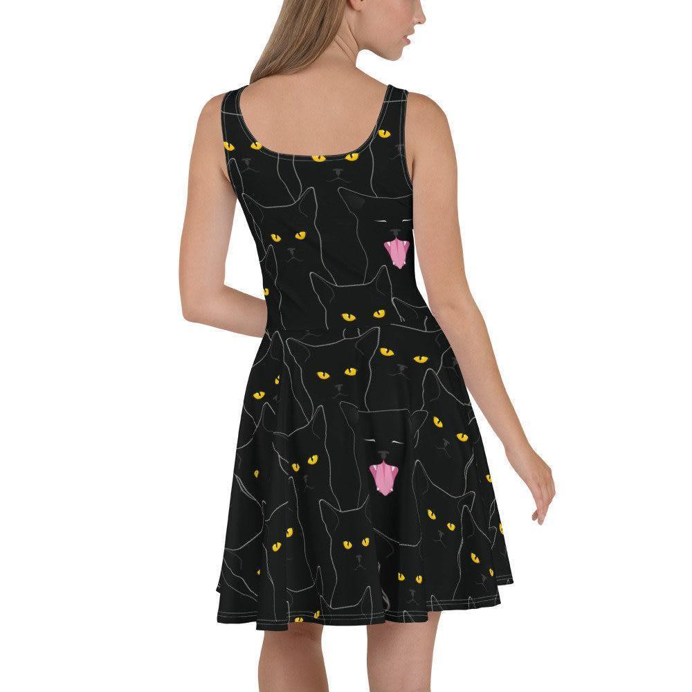 cat black dress Skater Dress, Kitty Print Fit and Flare Dress, Cat Lover Aesthetic Dress, Witchy Aesthetic Outfit, Spooky Cat Style-Color-Dim:ADAE213435_AA002_M coverstitch hemline * Printed Size US:18-20 Black Midi Cocktail Dress: Hairless cat