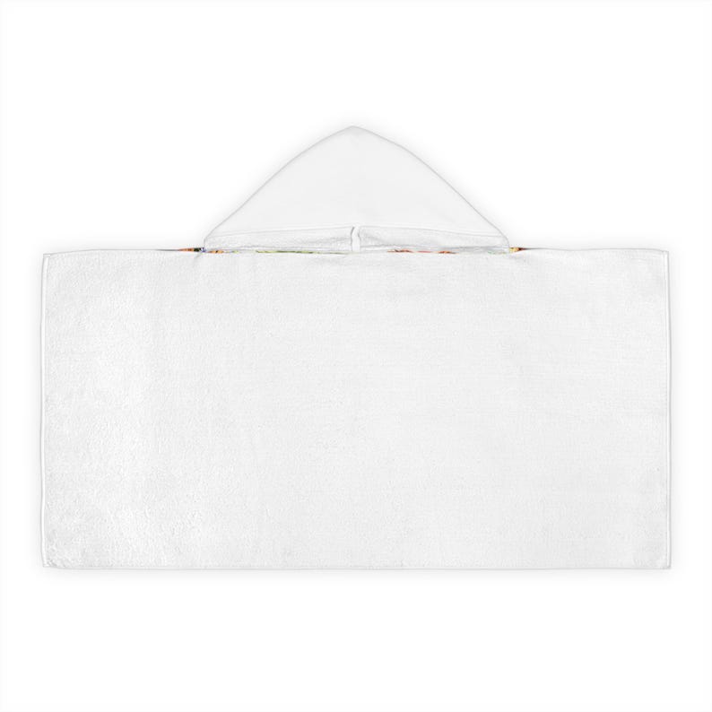 May include: White hooded towel with a rectangular body. The hood is triangular and attached to the towel's top edge. A thin strip of colourful design is visible along the top edge of the towel.