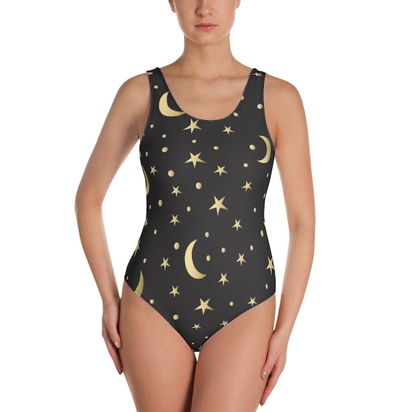 Moon and Stars Bikini, Swimsuit, Bathing Suit - Women's, Youth, Kids, Children, Star, Swim, Galaxy, Universe, Space, Gold, Black Astrology