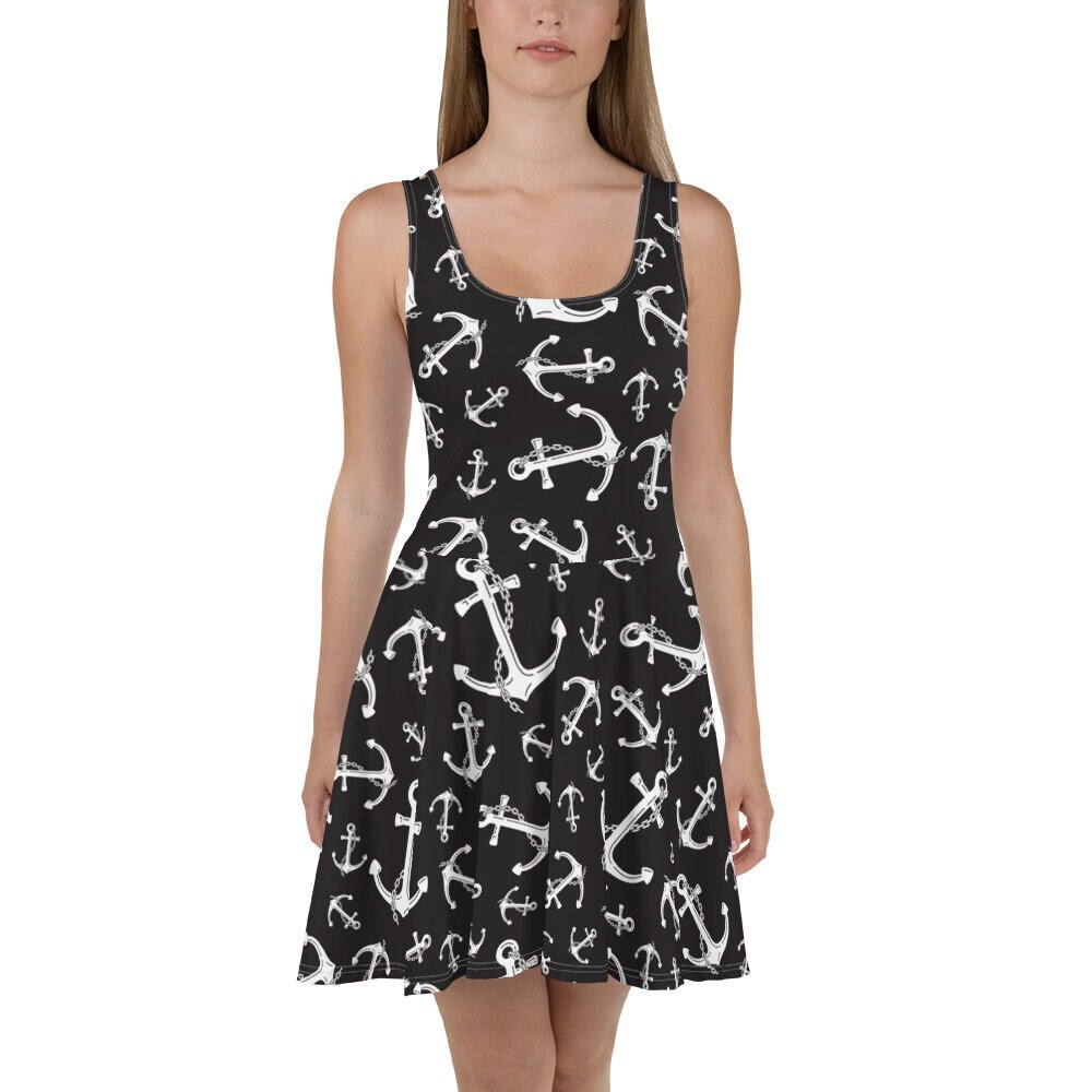 ANCHORS Skater Dress, Bodycon Fitted Dress, Skater Skirt - Women, Ladies, Girls, Fun Date Night, Party, Cocktail, Navy, Nautical