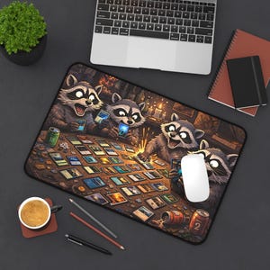 May include: A rectangular mousepad featuring a cartoon illustration of raccoons playing a card game. The raccoons are gathered around a table covered in cards, with a laptop, coffee cup, and pencils nearby. The mousepad has a black border.