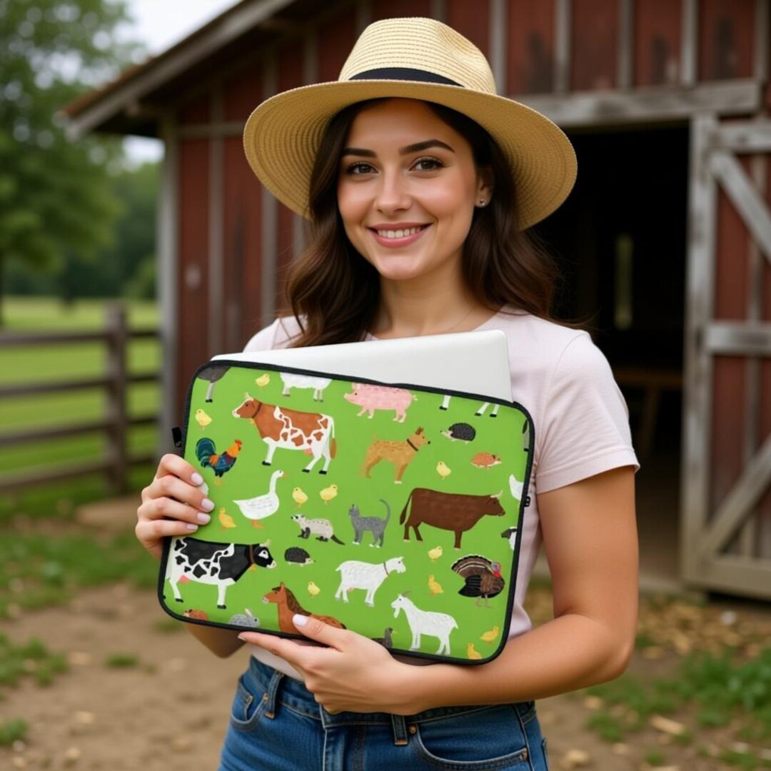 Farm Animals Laptop Sleeve, Cute Barnyard Animal Print Neoprene Laptop ...
